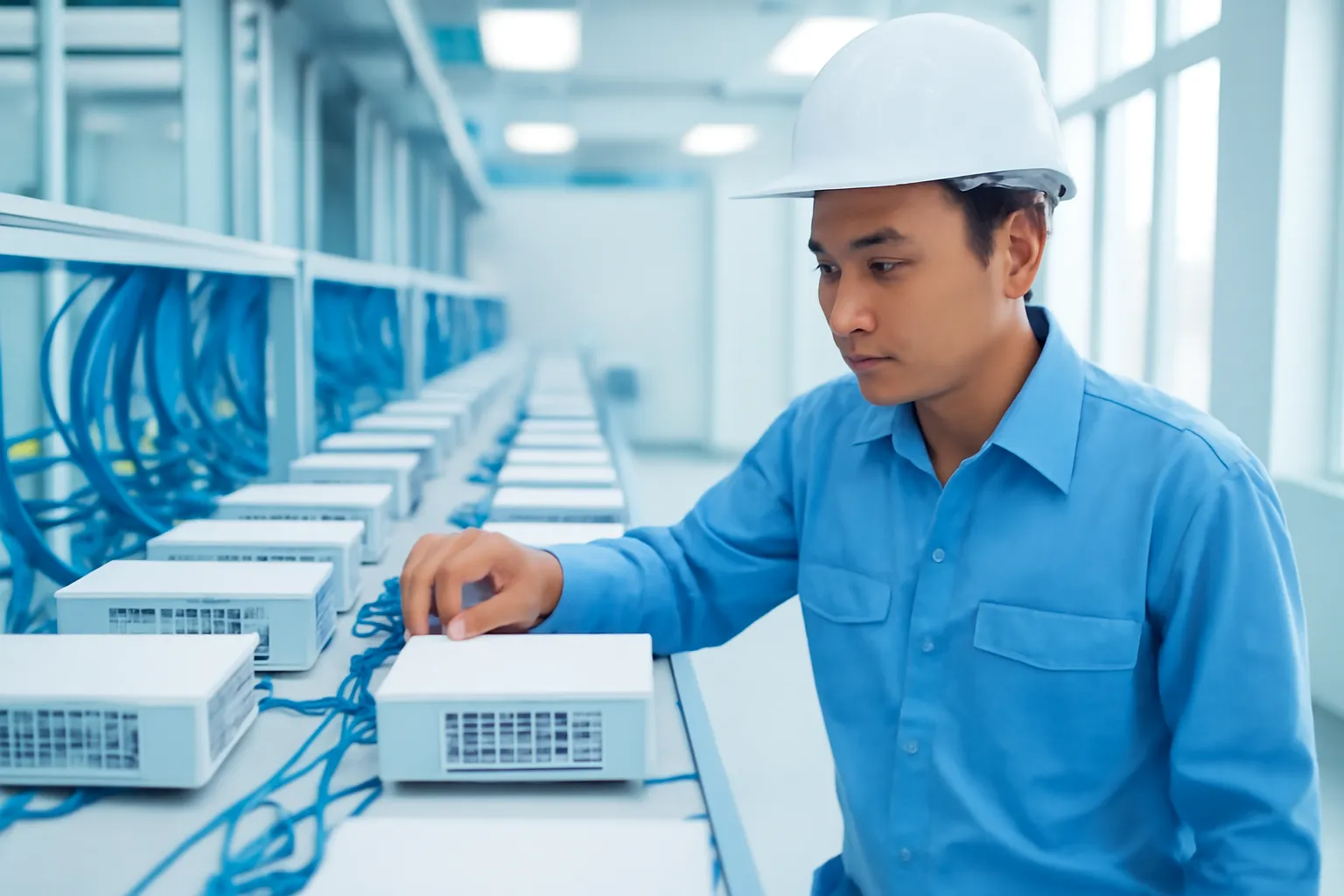Kỹ thuật viên Việt Nam kiểm tra dãy thiết bị trong phòng máy sáng