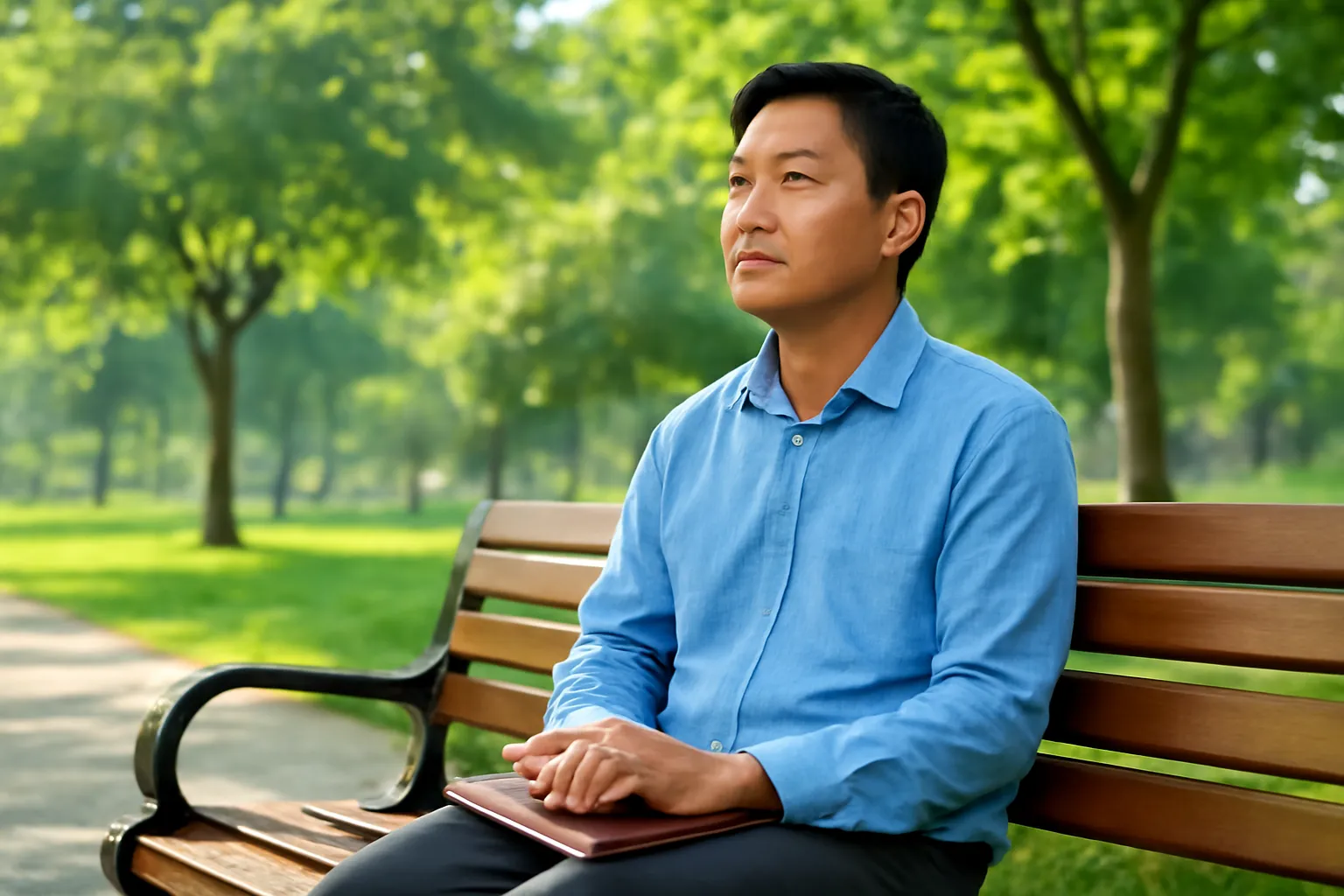 Người đàn ông Việt Nam ngồi trên ghế đá công viên, nhìn xa xăm suy nghĩ, buổi sáng trong lành