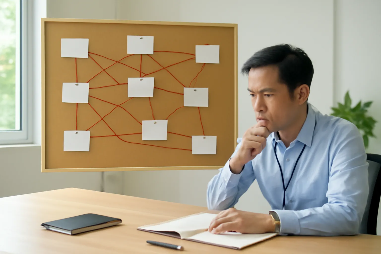 Phòng làm việc của điều tra viên với bàn dài, bảng ghim giấy trắng nối bằng sợi chỉ đỏ