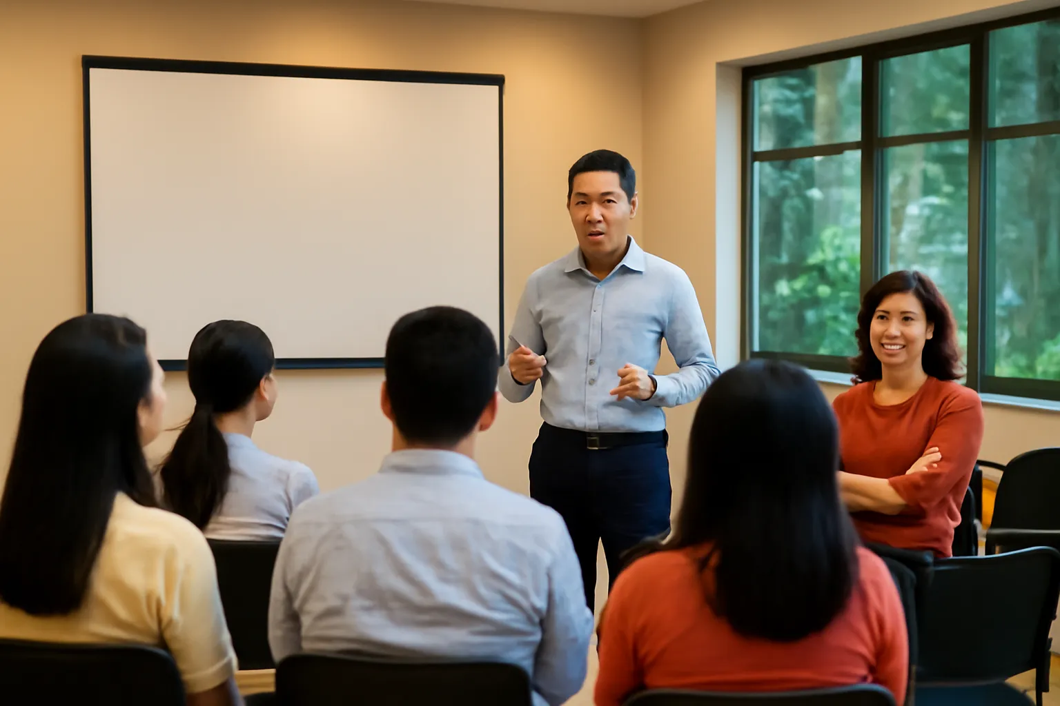 Nhóm người Việt ngồi trong hội trường nhỏ nghe thuyết trình, một người phụ nữ ở hàng sau khoanh tay nghi ngờ