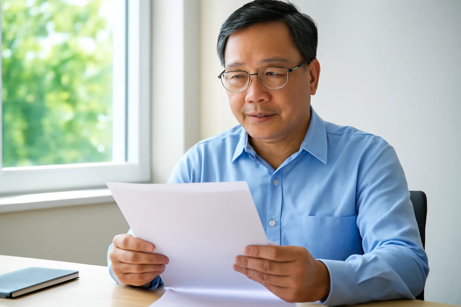 Người đàn ông Việt Nam trung niên đọc tài liệu giấy bên bàn làm việc, cạnh cửa sổ có ánh nắng