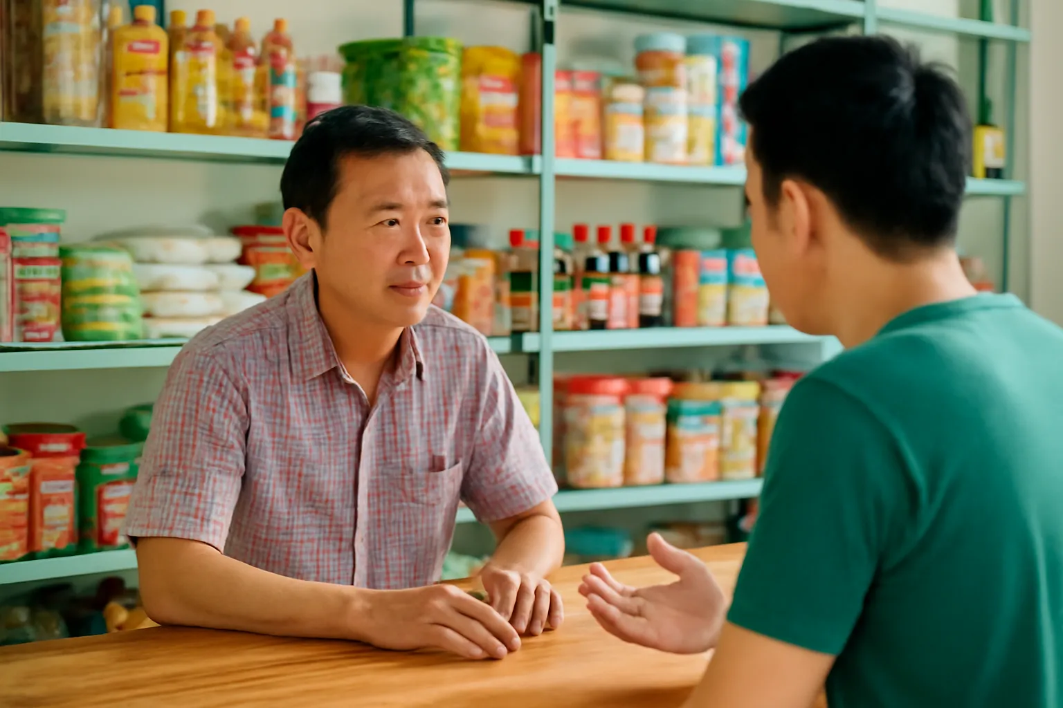 Chủ cửa hàng nhỏ người Việt đứng sau quầy, lắng nghe khách nói chuyện với vẻ thận trọng