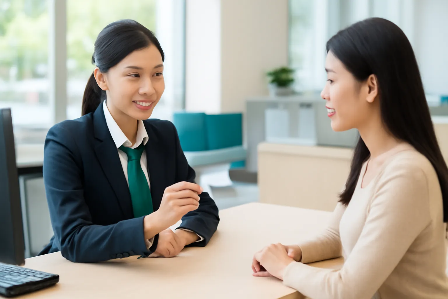 Nhân viên ngân hàng người Việt kiểm tra giấy tờ của khách tại quầy giao dịch sáng sủa