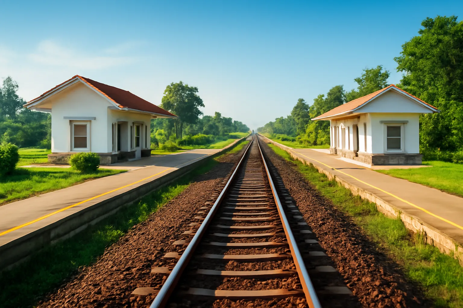 Đường ray tàu nối dài qua nhiều nhà ga nhỏ dưới nắng sớm