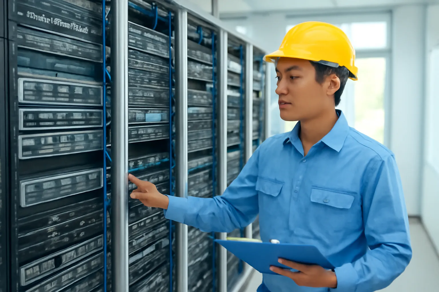 Kỹ thuật viên người Việt kiểm tra dãy máy tính chuyên dụng trong phòng máy sáng sủa, thông gió tốt