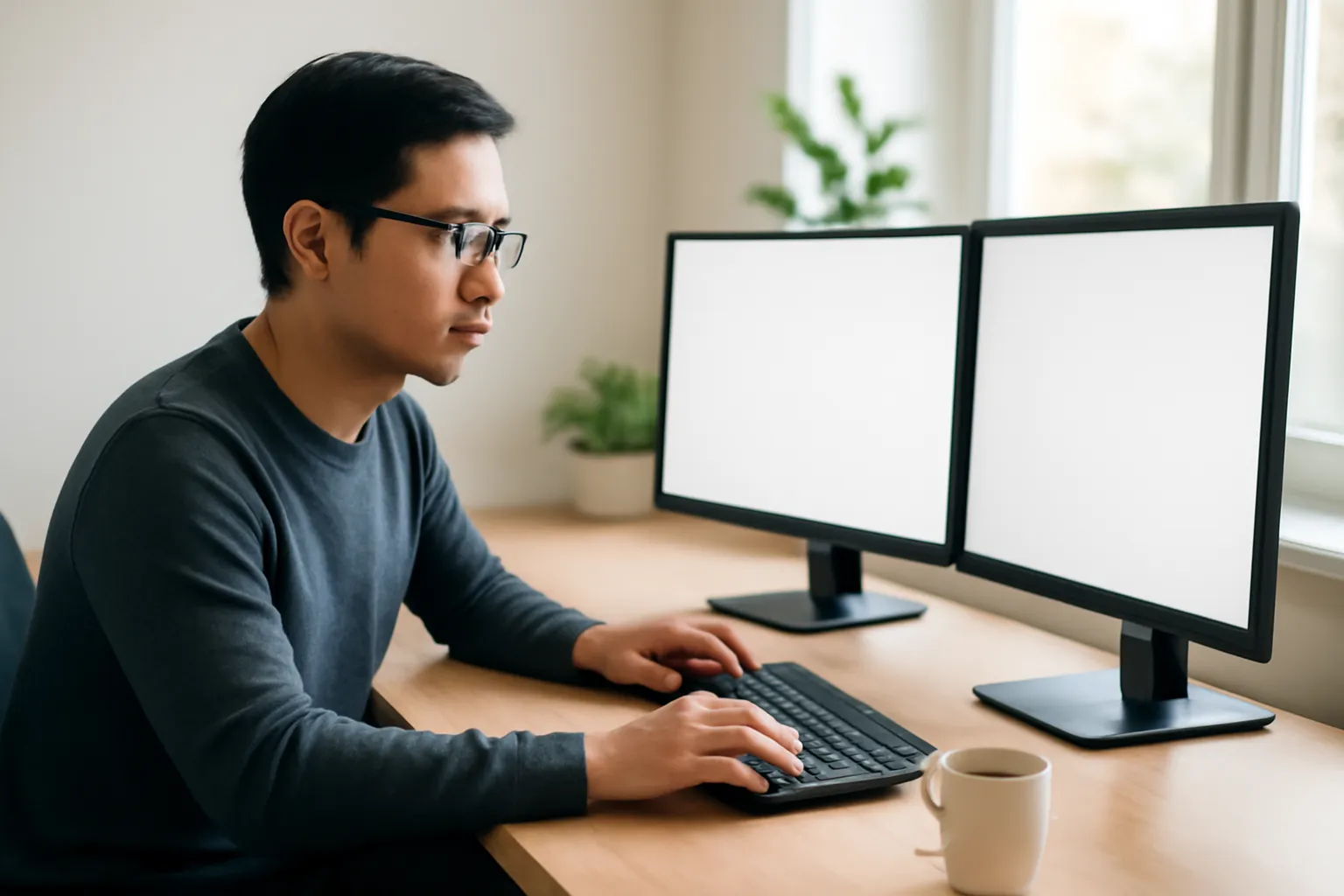 Lập trình viên Việt Nam ngồi trước hai màn hình trống trong văn phòng sáng sủa, đang suy nghĩ