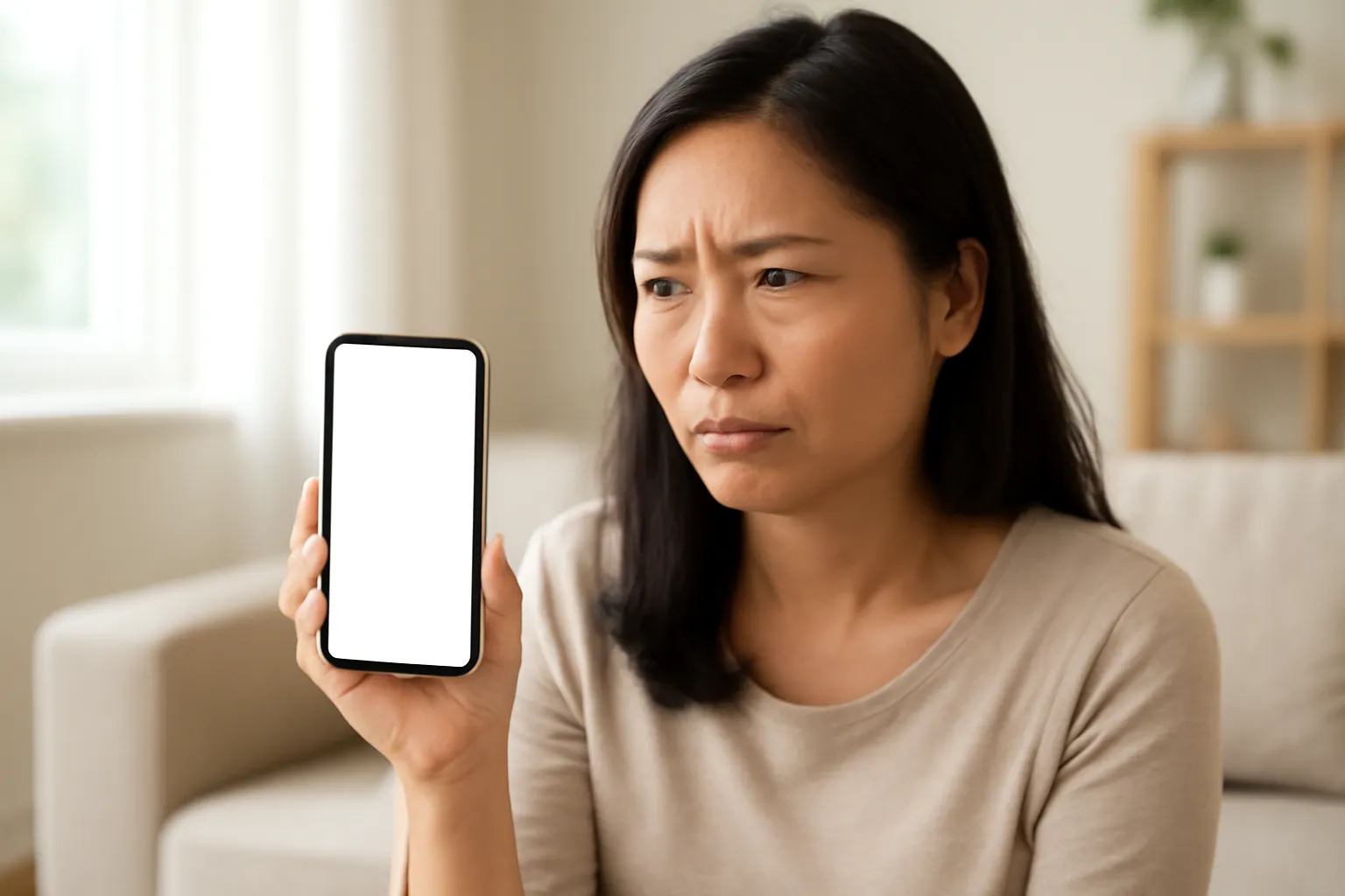 Người phụ nữ Việt Nam nhìn điện thoại với vẻ nghi ngờ trong phòng khách