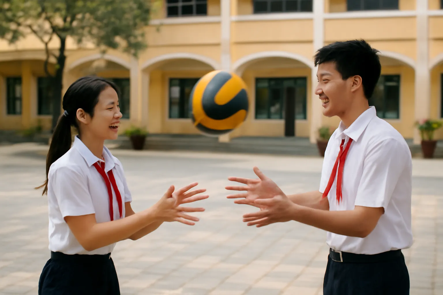 Hai người Việt Nam chuyền bóng qua lại trong sân trường sáng
