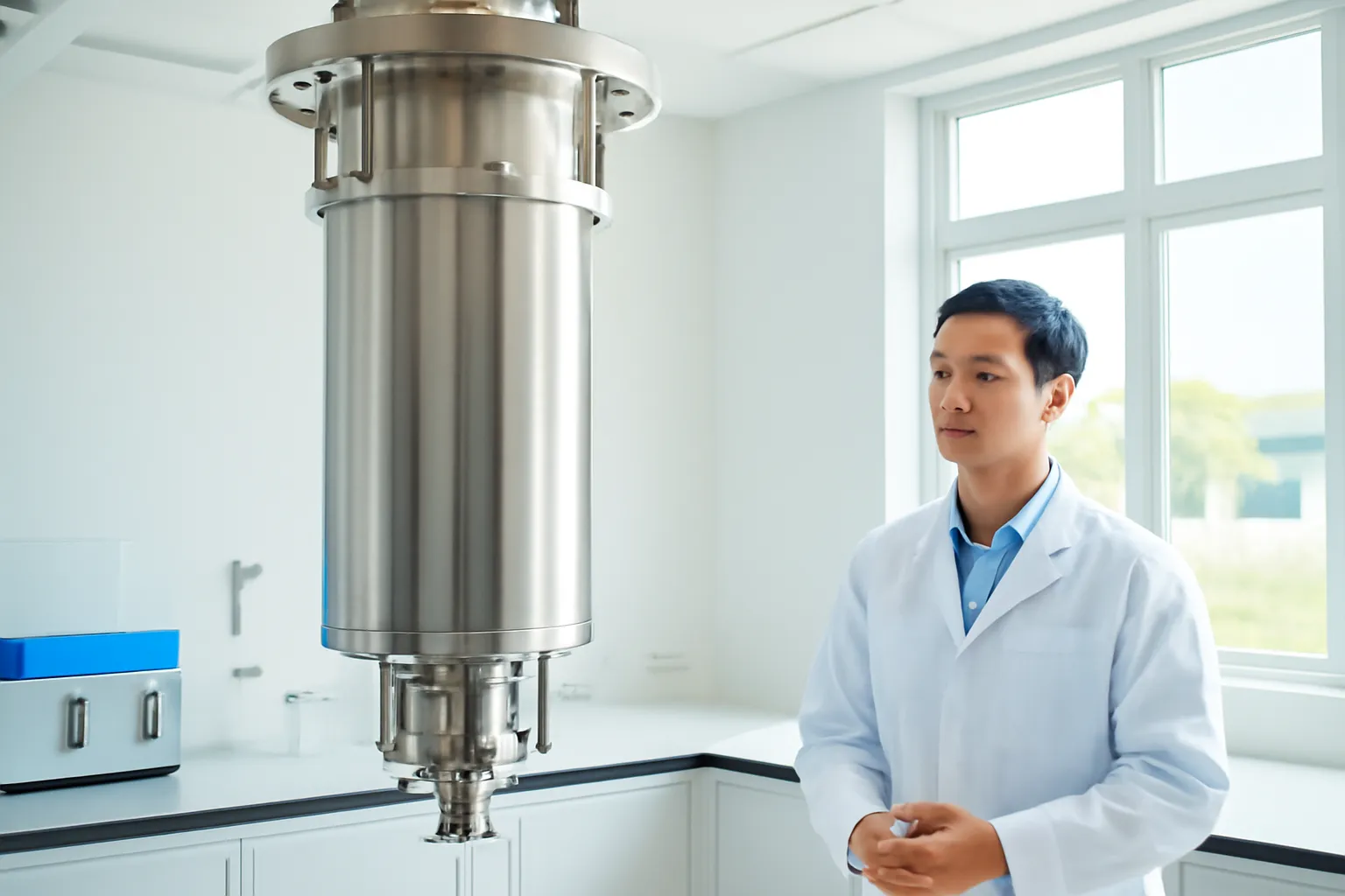 Phòng thí nghiệm sáng sủa với thiết bị làm lạnh hình trụ treo trên trần, kỹ sư đứng quan sát