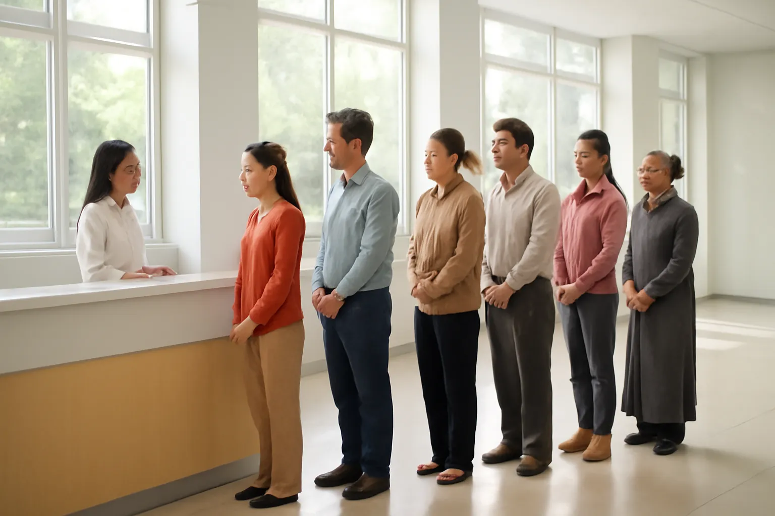 Hàng người xếp hàng trật tự trước quầy dịch vụ sáng sủa