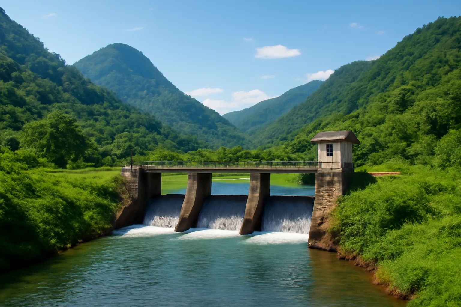 Đập thuỷ điện nhỏ giữa thung lũng xanh dưới trời trong