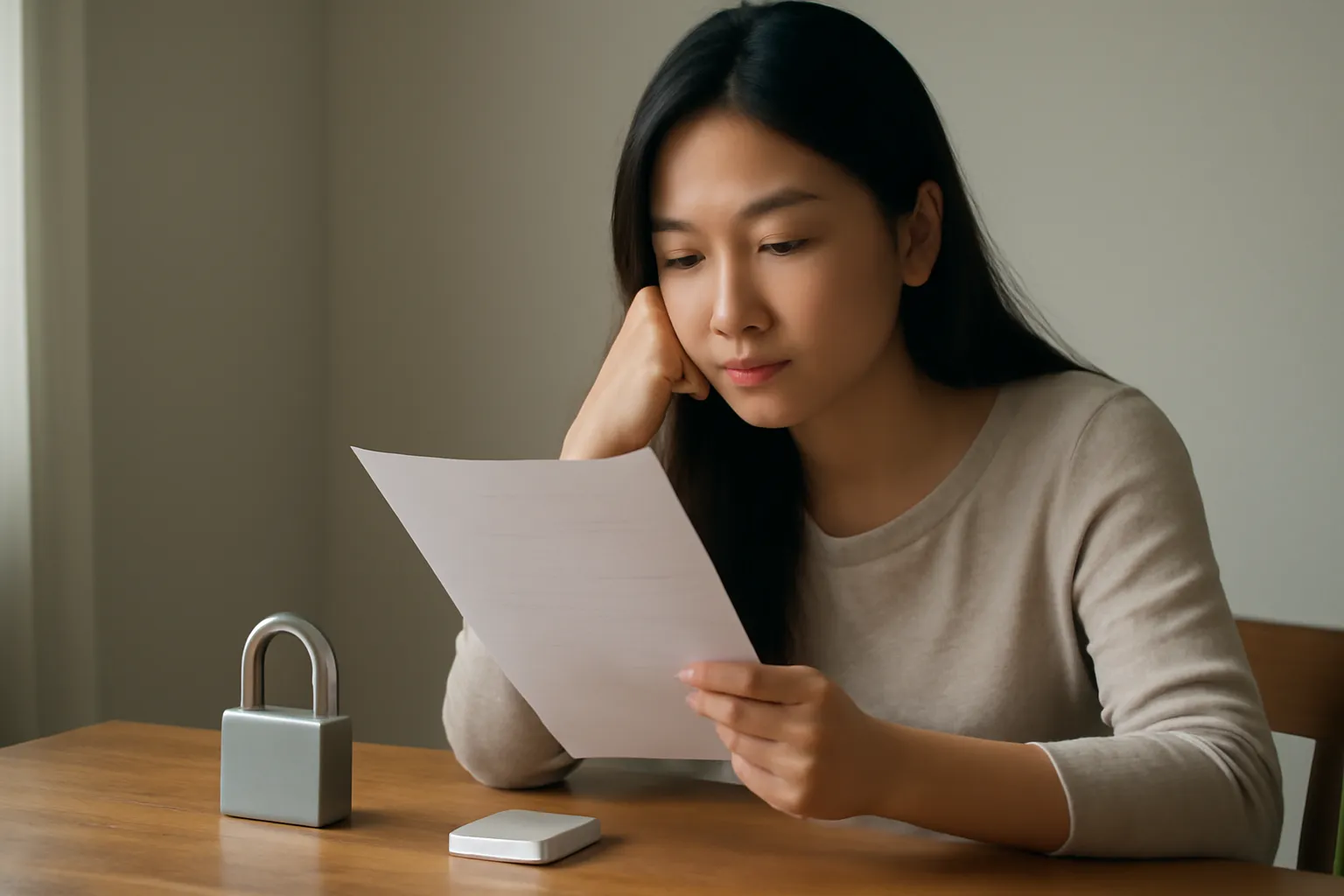 Người phụ nữ Việt Nam ngồi bên bàn gỗ đọc tài liệu về bảo mật, bên cạnh là ổ khoá kim loại