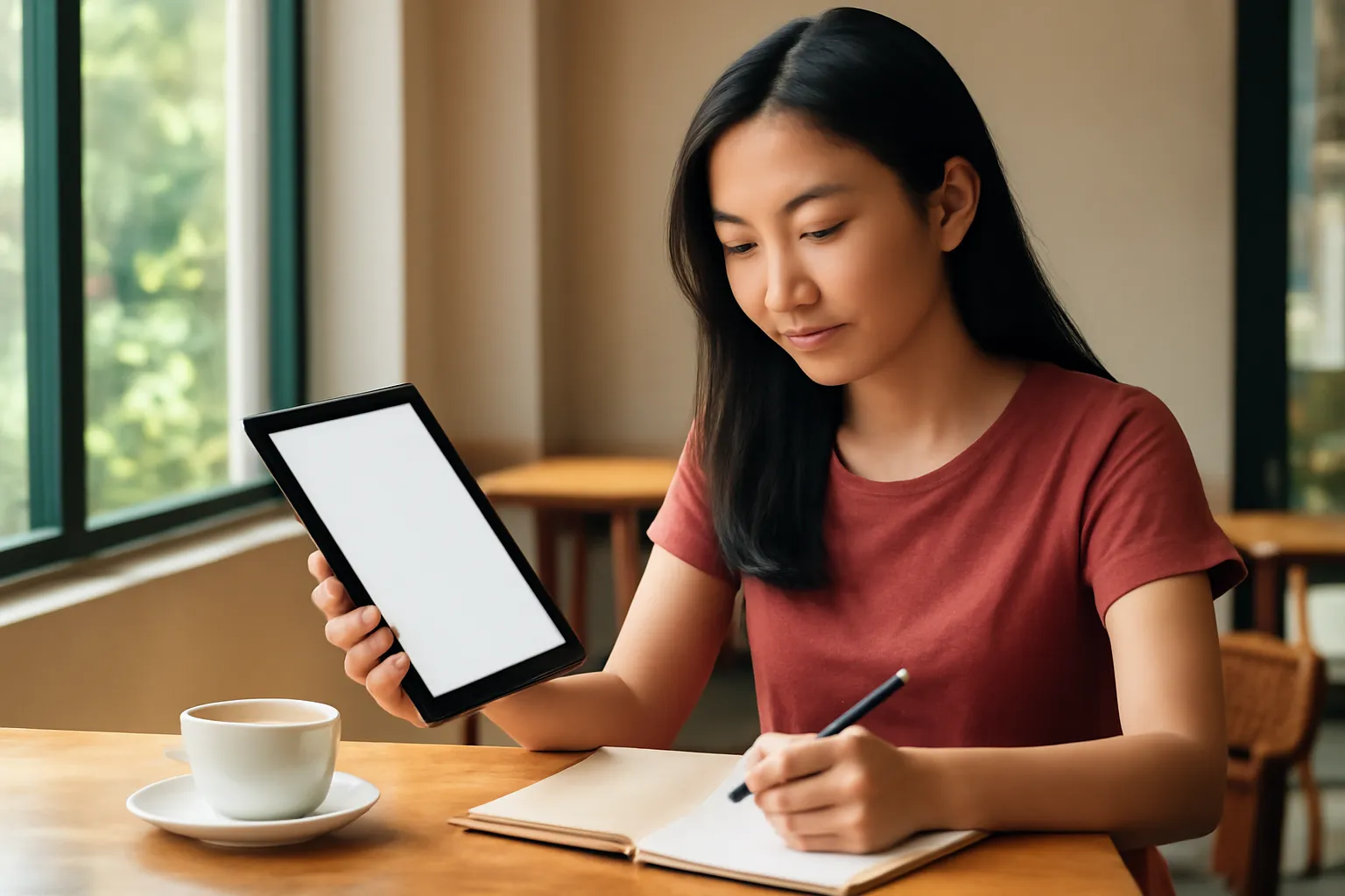 Người phụ nữ Việt Nam ngồi ở bàn cafe, đọc tài liệu trên máy tính bảng màn hình trống, ghi chép vào sổ tay