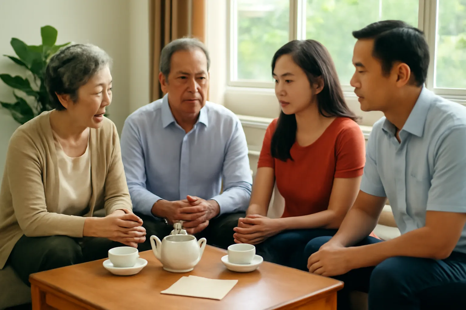 Gia đình người Việt ba thế hệ ngồi quanh bàn trà trong phòng khách ấm cúng, trao đổi nghiêm túc
