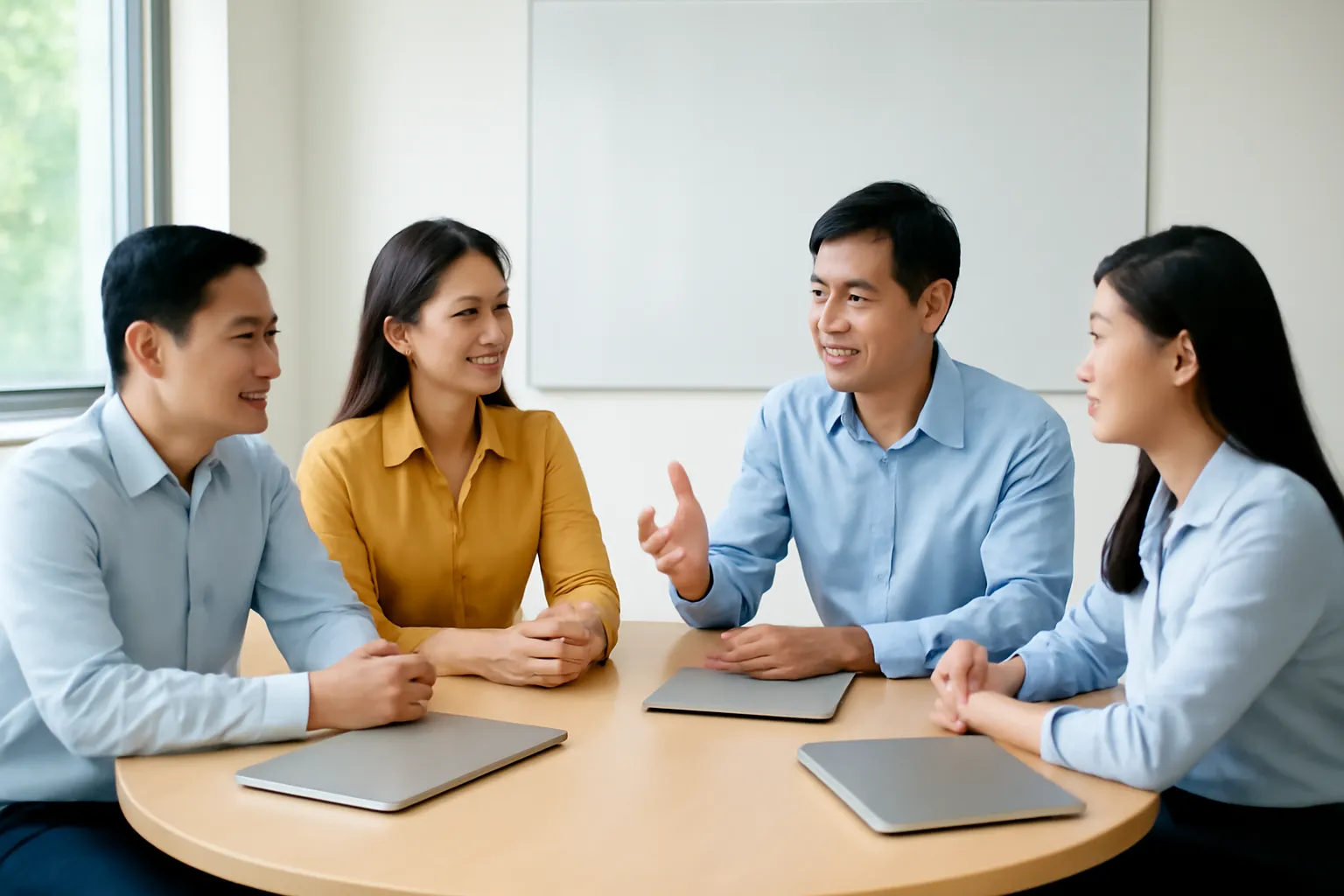 Hội trường nhỏ với nhóm kỹ sư người Việt thảo luận quanh bàn tròn, bảng trắng trống phía sau
