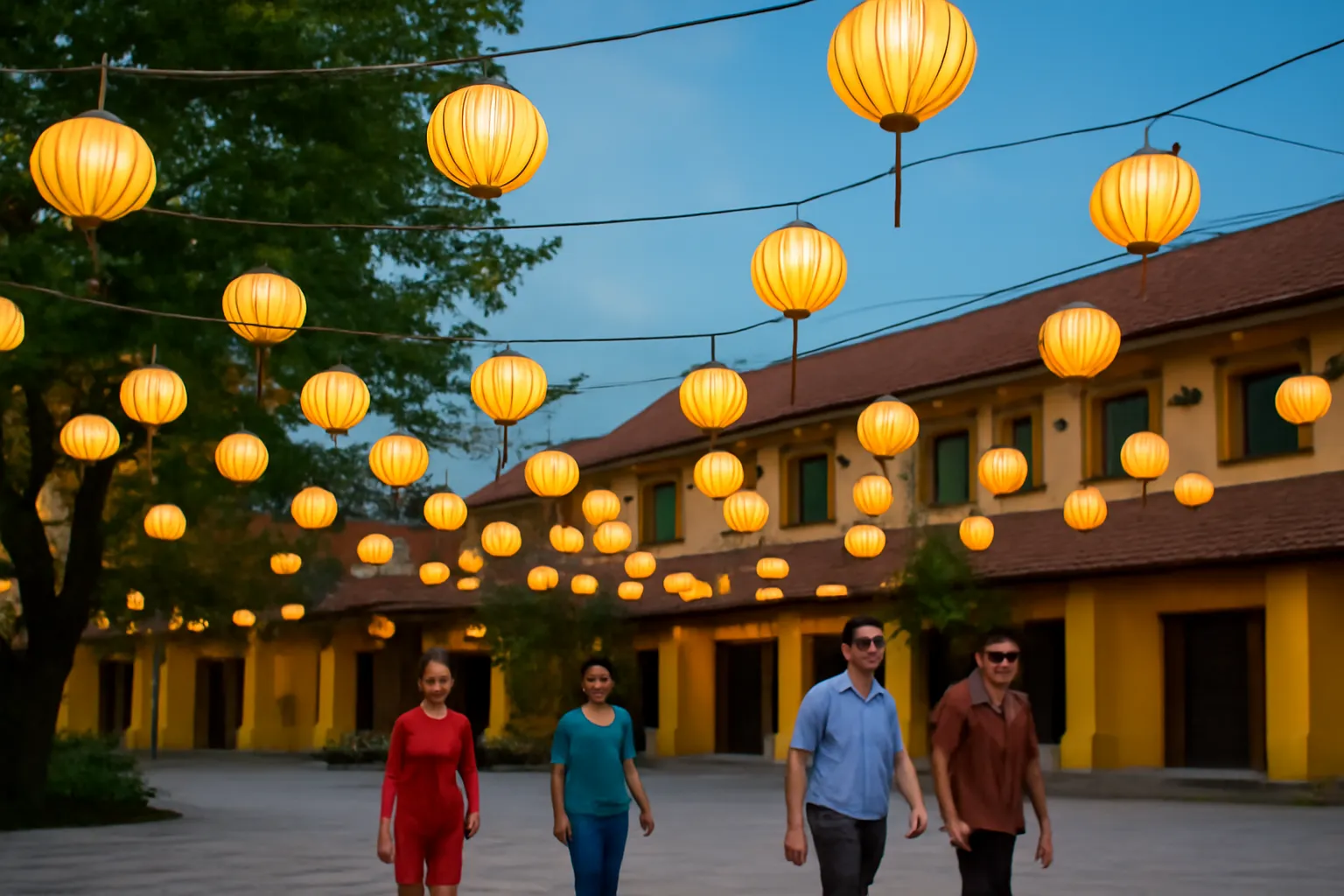 Những chiếc đèn lồng giấy treo nối nhau bằng dây trong sân, minh hoạ mạng lưới kết nối