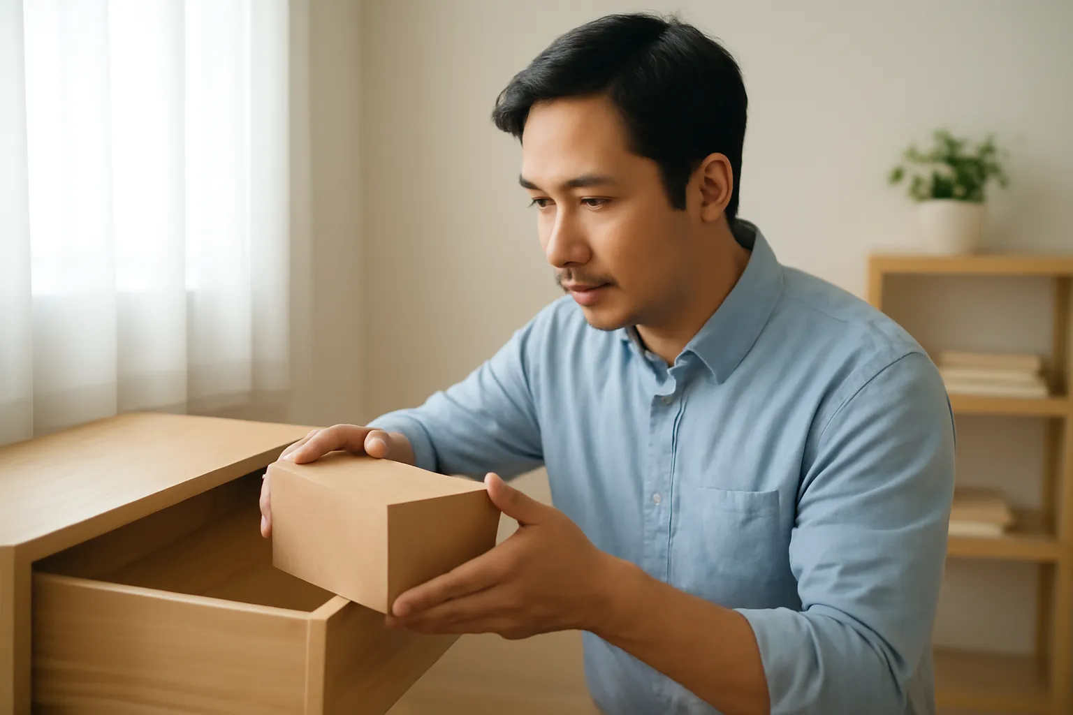 Người đàn ông Việt Nam cất hộp nhỏ vào ngăn tủ gỗ trong phòng sáng